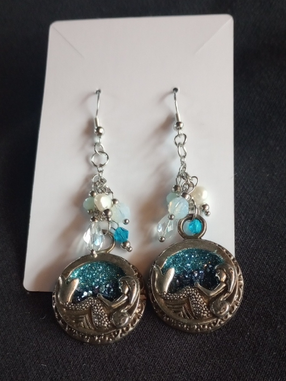 Hand Crafted Silver Mermaid Earrings with Teal Glitter and Aqua Beads